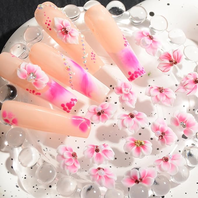 30PCS 3D Handmade Flower Nail Art Charms Advanced Handcrafted Cherry Blossom Flower Colorful Sculpted Floral Nails with Rhinestone Caviar Beads Design for Women Profession Nail Art Craft Jewelry