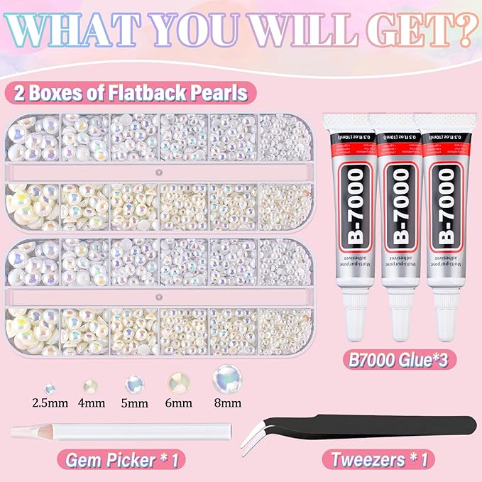Flatback Pearls for Crafting with 3Pcs 10ml B7000 Jewelry Glue, 2 Boxes of Half Round Beige AB and White AB Pearls, Bedazzling Beads for DIY Crafts Clothing Tumblers Shoes Embellishment Nail Art