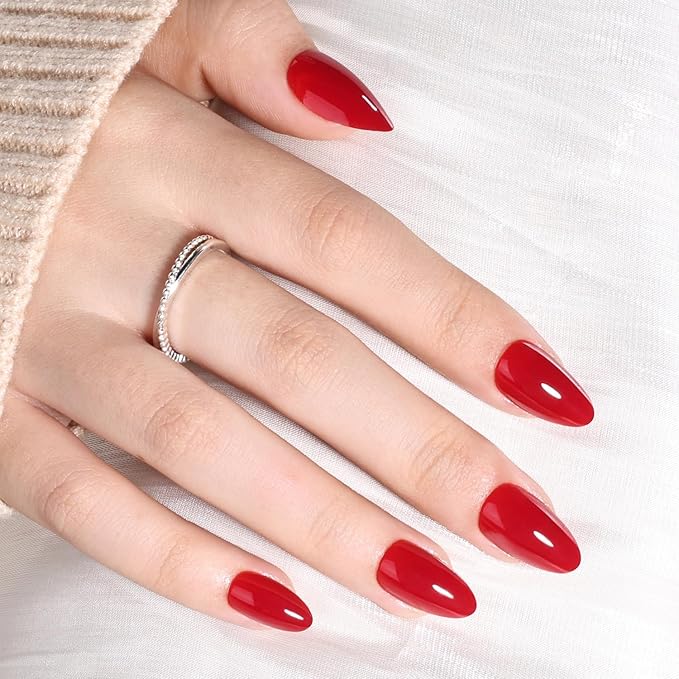 Red Press On Nails Almond - Red Milk Short Fake Nails, Almond Press On Nails Reusable Stick On Nails in 16 Sizes, 32pcs False Nail Kit for Women & Girls