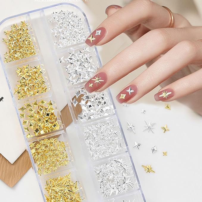 Gold Silver 3D Nail Charms, 2Boxes 24Grids Bow Star Nail Gems Nail Studs,Punk Metal Alloy Rivet Stickers Bowknot Nail Art Decorations Accessories for Nail Art Design DIY Crafts (Gold Silver D)