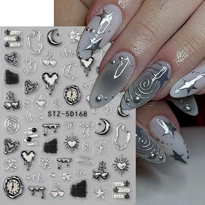 Silver Nail Art Stickers 5D Embossed Gold Heart Nail Stickers with Metal Clock Bow Star Self Adhesive Y2k Goth Design Valentines Nails Decals Nail Art Supplies for Women Acrylic Manicure Decorations