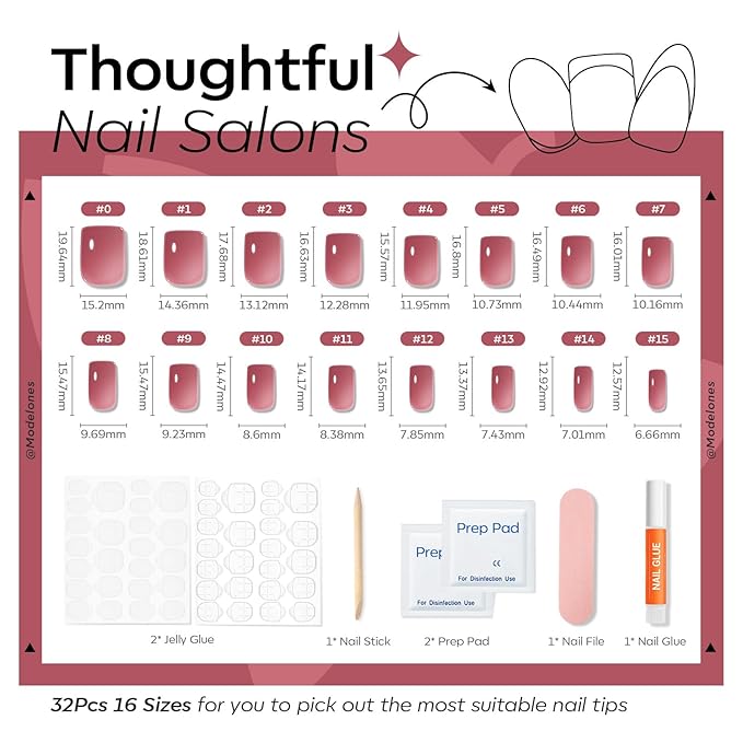 Modelones Rose Red Press on Nails, Spring Short Square Fake Nails, Semi-Transparent Reusable Nail Kit with Nail Glue Adhesive Tabs Mini Nail File, Nails Press Ons 32Pcs16 Sizes, Women Girl Gift