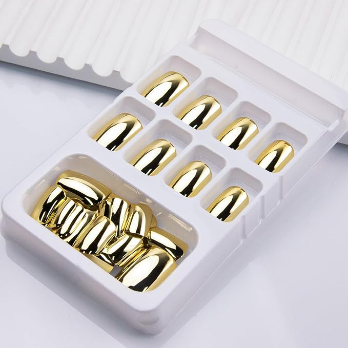 Gold Press on nails Metal Chrome Fake Nails Short Square False Nails Press ons Mirror Golden Acrylic Nails Glossy Luxurious Metal Glue Stick on Nail for Women Manicure 24pcs