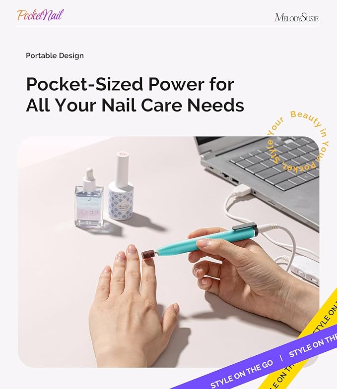 MelodySusie PocketNail Slim Ergonomic Pen-Shaped USB Nail Drill, PC100G 20000RPM Portable Electric File for All Manicure, Pedicure Nail Care, Shaping & Gel Removal at Home for Beginners