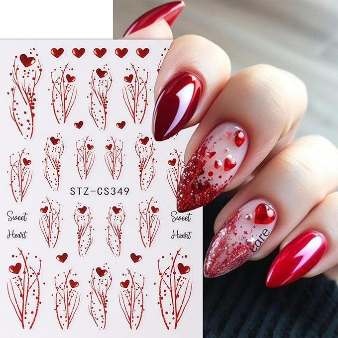 9 Sheets Valentines Nail Art Stickers Red Heart Nail Decals 3D Self Adhesive Holiday Nail Supplies Romantic Arrow & Tree Branch Design Nail Stickers for Women Pink Heart DIY Manicure Art Accessories
