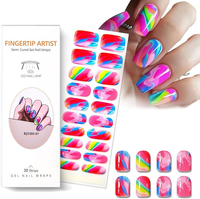 Semi Cured Gel Nail Strips,Colorful Marble Nails Stickers with High Gloss and Glitter Design for Women,60S UV Light Curing Manicure,Long Lasting, Arts at Home