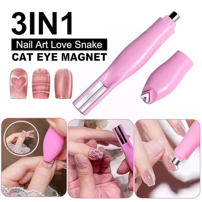 2 Pcs Nail Art Cat Eye Magnets For Nails, 3 In 1 Pink Nail Magnet Pen And 5D Automatic Strong Magnet Tool For Cat Eye Designs Magnets, Heart, Lines & Wide Light Gel Nail Polish Magnet