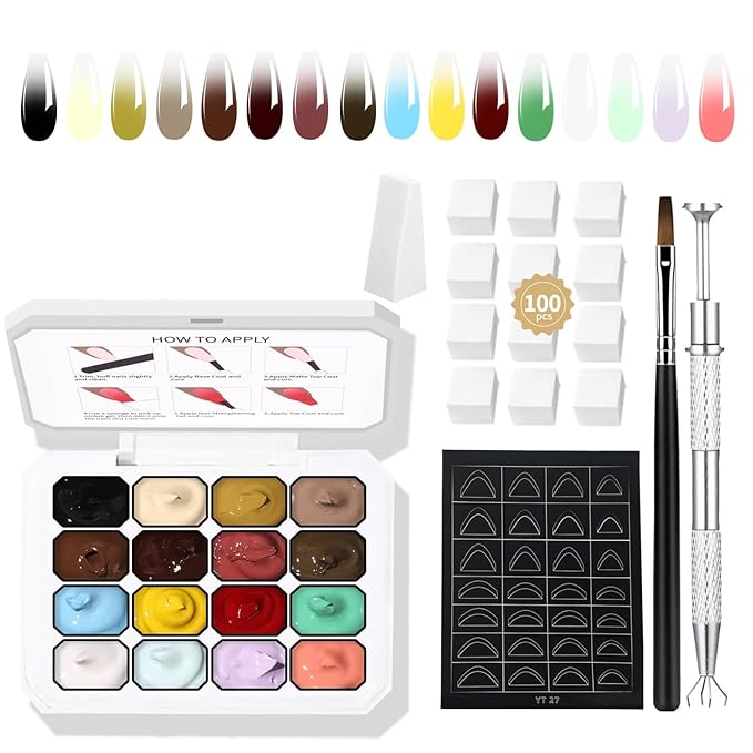 16Colors Ombre Gel Nail Polish kit,Ombre Gel Nail Polish Gradient Blooming Gel Polish Palette with 100Pcs Nail Sponges for Gradient Patting Gels Art Patting in Salon or Home Use