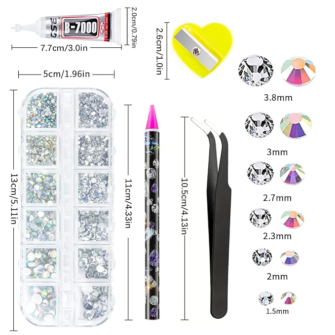 Canvalite Rhinestones 2784PCS in 6 Sizes Flat Back Gems, Crystal AB Art Gems with 5Pcs Jewelry Glue, Pick Up Tweezers and Picker Dotting Pen for Nails, Makeup, Stocking Stuffers Gifts for Women