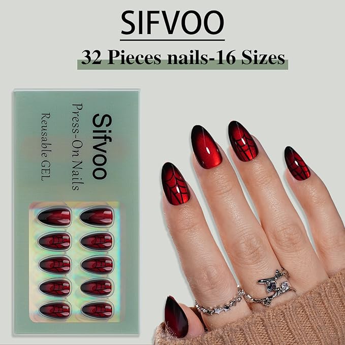 Red Spider Web Cat Eye Press On Nails Short Almond, Glossy Reusable Press On Nails for Women, 32 Count 16 Sizes Nail Kit with Glue (SV-10)