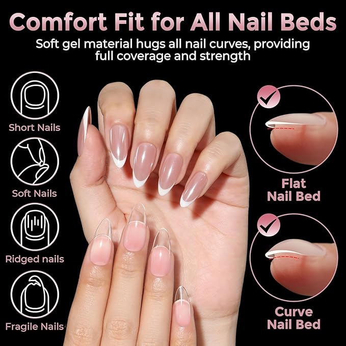 Medium Almond Nail Tips, 240pcs Soft Gel Pre-Filed Acrylic Almond Fake Nails, Half Matte Full Cover Clear Press on Flase Nail Tips for Nail Extension Home DIY 12 Sizes Gelly Tips