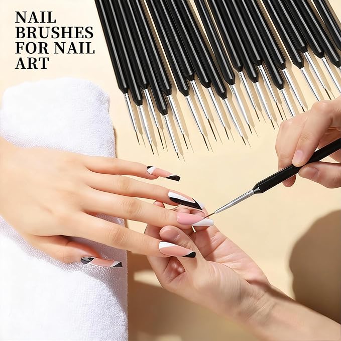 FANDAMEI 20pcs Nail Art Brushes, Liner Brushes For Nails, Nail Liner Brush, Thin Nail Art Brush For Drawing Long Lines, Nail Brush Set, Nail Brushes For Nail Art, Nail Art Tools, 7/9/11/15/20mm, Black