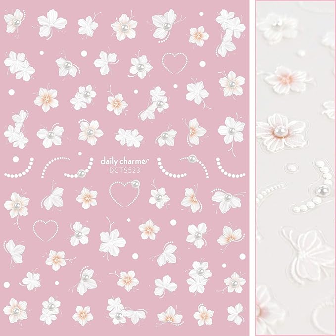 Daily Charme Nail Art 3D Self-Adhesive Flower Spring Nail Art Decal Accessories Stickers Charming Hibiscus and Dotted Hearts Design for Women DIY Nail Decorations