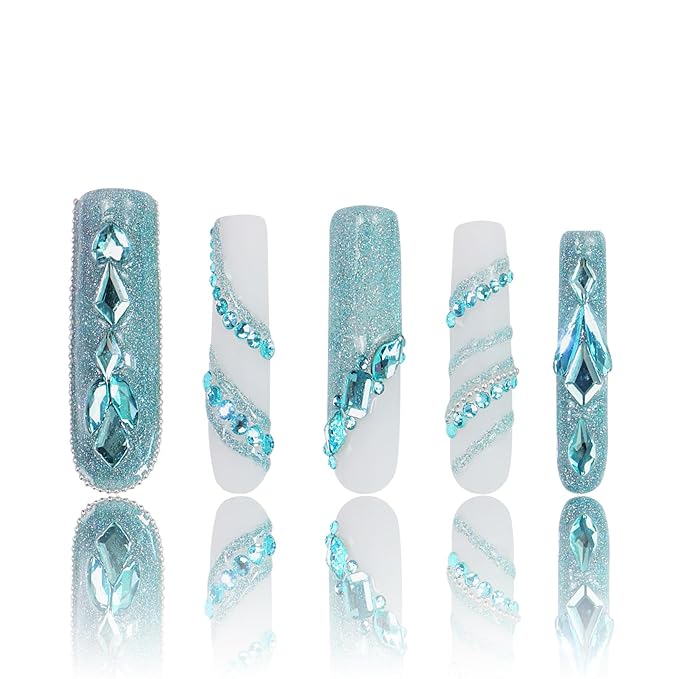 LOVFUL Press on Nails Breakfast at| Handmade with Full Covered Crystals| Reusable Fake Nails| Square Mid length 1.7in| H41-S