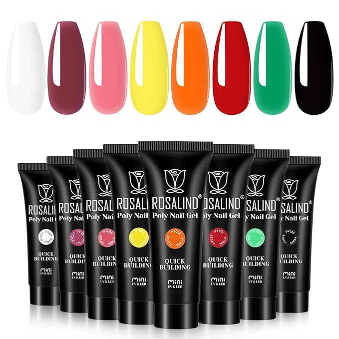 ROSALIND Christmas Poly Nail Gel Set, 8 Colors 10g Mini Poly Extension Gel Nail Set, Neon Yellow All Seasons Poly Nail Gel Kit Builder Neon Gel Fall Colors Halloween Poly Holiday Nail Art Design Gift