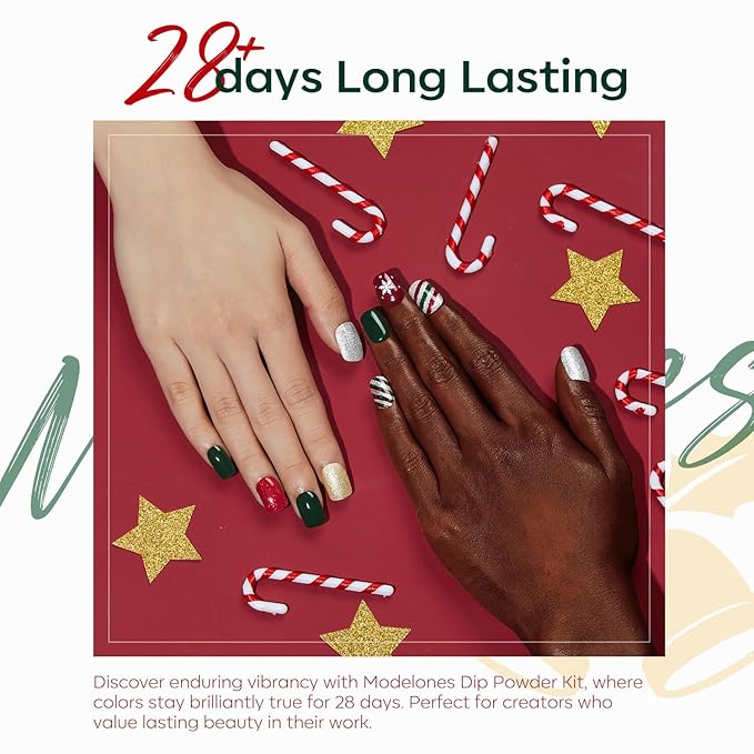 Modelones Christmas Dip Powder Nail Kit, 4 Colors Red Green Gold Glitter Dipping Starter Set with Liquid and Accessories for French Nails Art Salon DIY at Home Manicure