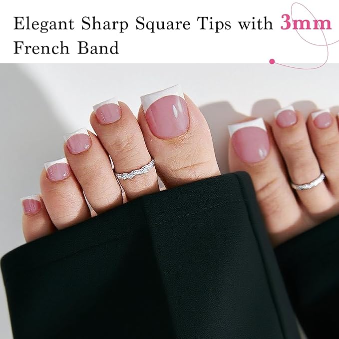 Toe Nails Press On French Tips for Women, 15 Sizes 150 Pcs Sharp Square Pre-applied Primer & Base Coat Toenail Press Ons Baby Pink Full Cover Fake Tips Extension, Builder Nail Gel & Top Coat Required