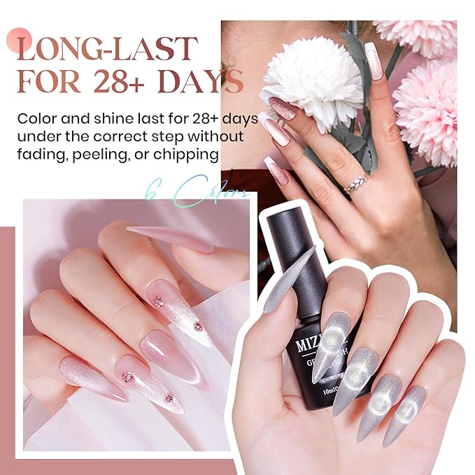 MIZHSE Cat Eye Gel Nail Polish, 3 in 1 Rubber Base Gel Magnetic Nail Polish, No Need Base Coat 6 Colors 10ml Holographic Glitter Velvet Cateye Polish with 2 Magnets Soak Off Nail Art Gift for Women