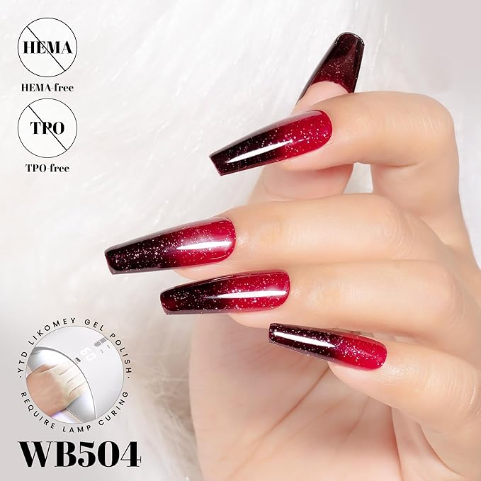 YTD Likomey Color Changing Gel Nail Polish,15ml Red To Dark Cherry Red Glitter Mood Temperature Change Colors Fall Winter Thermal Ombre Manicure Shimmer UV Varnish,HEMA Free TPO Free,WB504