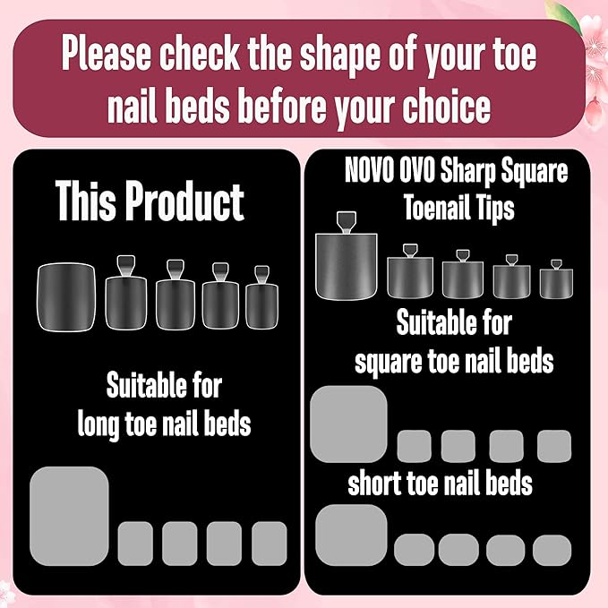 NOVO OVO Long Square Toe Nail Tips Press on Full Cover, Extra Wide Clear Toenails Kit, Pre-shaped Double MatteToenails For Women Men Big Toe Long Nail Beds x 15 Sizes 360 Pcs up to 12 Pedicures