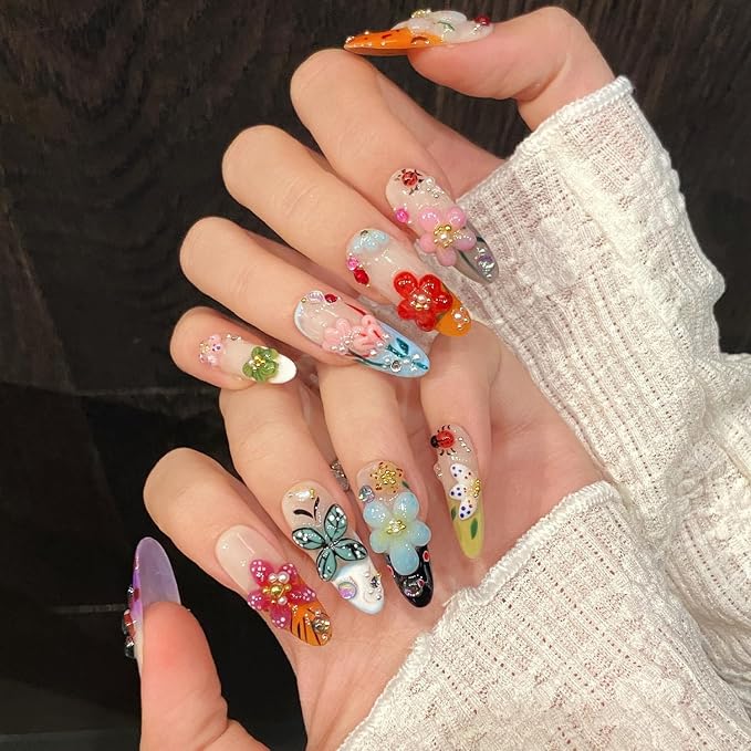 Handmade Press on Nails Colorful Flower Press on Nails Medium Almond Fake Nails Rhinestones Acrylic Nails Reusable Flower False Nails Glossy Designs for Women Girls DIY Manicure Decorations (Size M)