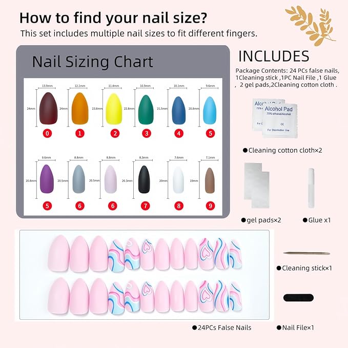 Long Oval Matte Pink Press On Nails 24Pcs Wave Heart Sweet Cool Nails Gel Reusable Artificial Nails With Nail Glue Adhesive Tabs Beginner Friendly