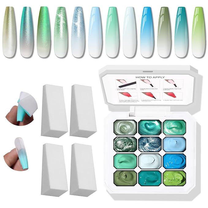 Sponge Pat Gel Nail Polish Palette, 12 Colors Blending Ombre Gel Polish Gradient Painting Nails Art, No Wipe, UV/LED Cured (12 Colors E)