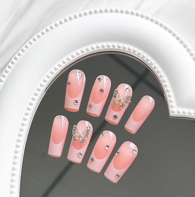 Press on Nails Medium Square MABKJLF French Tip Fake Nails Full Cover Pink False Nails with Butterfly Rhinestones Designs Glossy Glue on Nails Artificial Acrylic Nails for Women Girls 24 Pcs