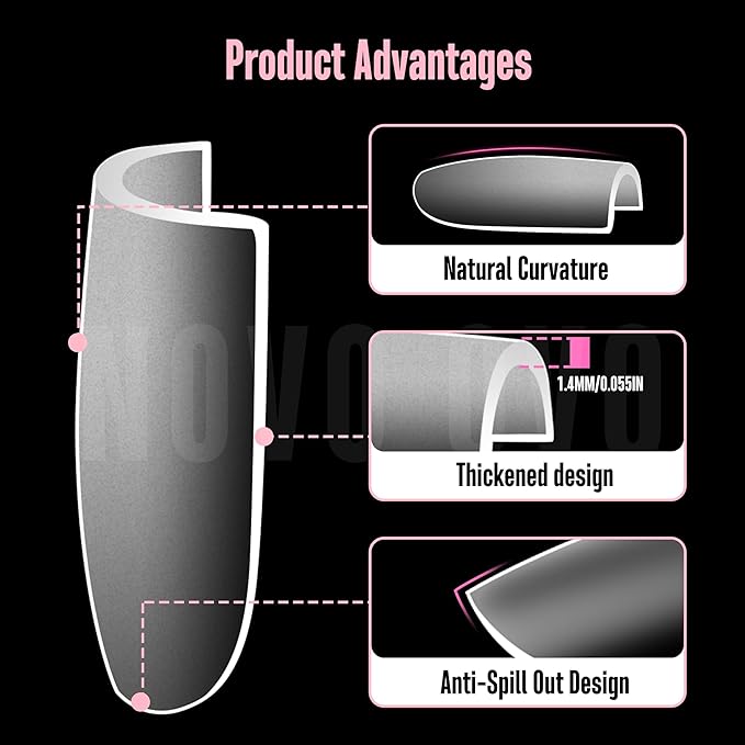 NOVO OVO Sharp Square Short Nail Tips Press on, Natural (Not Sculpted) No C Curve Soft Gel Double Matte Clear Fake Nail Extension, Full Cover False Nails for Salon DIY Manicure x 15 Sizes 510 pcs