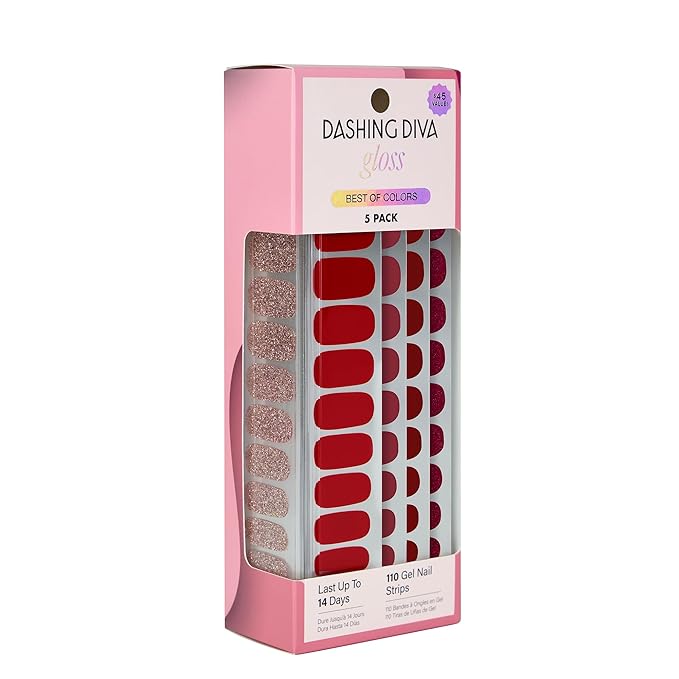 Dashing Diva Gloss Nail Strips 5-in-1 Kit - Best of Reds - UV Free, Chip Resistant, Long Lasting Gel Nail Stickers - Contains 110 wraps, 5 prep pads, 2 nail files