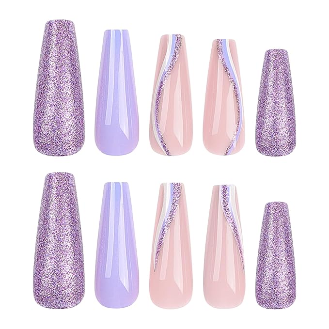 RTKHFZER Long Press on Nails Coffin Fake Nails Purple Glitter False Nails with Swirl Designs Nails Press Ons 24Pcs Glossy Long Full Cover Acrylic Stick on Nail for Women