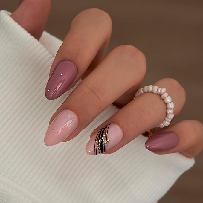 Curvlife Press On Nails – 30PCS Full Cover False Natural Fit Soft Gel Fake Nails Tips, Easy to Apply at Home Glue On False Nails Kit (Minimal Line Almond, Medium)