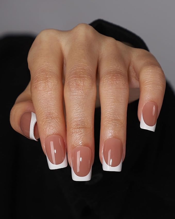 Press on Nails,French tip Short Square, 19 Sizes, 38 Pieces,Fake Nails with Brush-on Glue & Adhesive Tabs (Latte Dip)