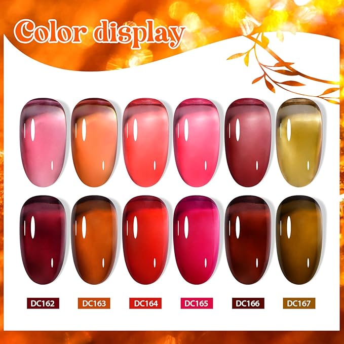 MTSSII Nude Brown Jelly Gel Nail Polish Set 6PCS Jelly Gel Polish Kit Crystal Nail Polish Red Coral Caramel Orange Amber Brown Green Nail Art Manicure DIY Gift