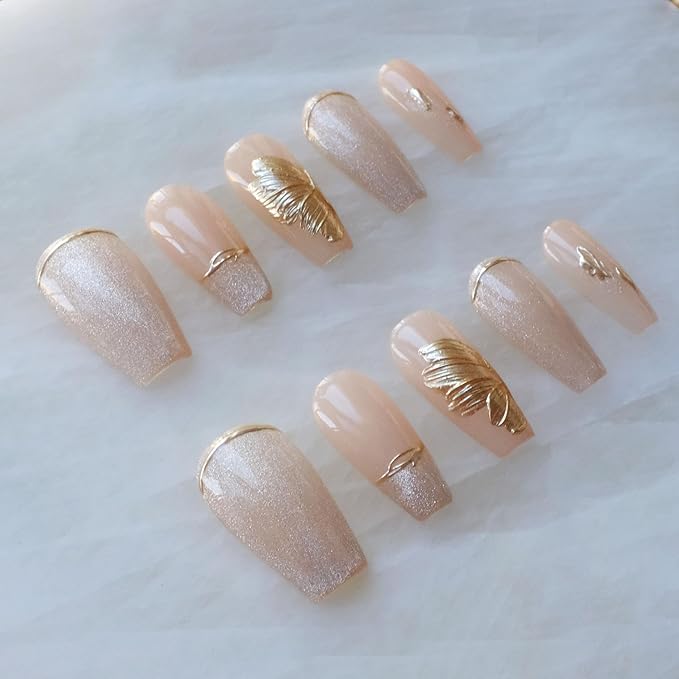 Press On Nails, Long Ballerina Style, Nude Pink with Gold Accents, 10 Pieces (Small,LB)