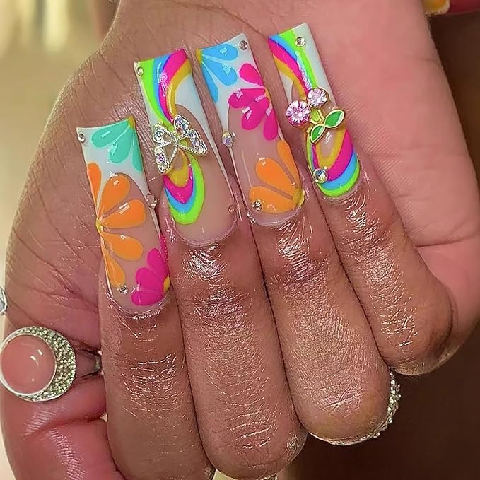 Press on Nails Coffin Long Length Acrylic Glossy Full Cover Square Shaped French False Nails with Designs Artificial Extra Long Fake Nails with Charms Glue ons Fingernails for Women(XXS289)