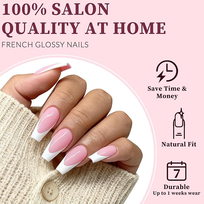 240PC White French Tip Press on Nails Medium Fake Nails Press ons with 5*Adhesive Tabs, Pink Coffin Acrylic Nail Press on Nail French Tip Nails False Artificial Fingernails Stick on Nails-A