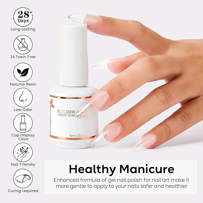 Nicedeco Hema Free Builder Nail Gel Polish 15ML 7 in 1 Clear Base Cruelty Free Vegan Strengthener Gel Hard Gel Extension