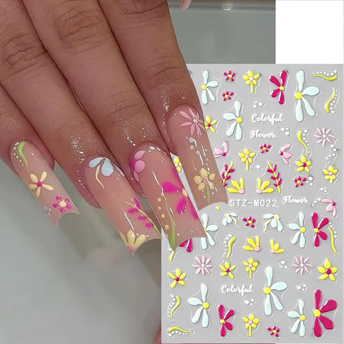3 Sheets Spring Flower Nail Stickers White Pink Peach Blossoms Nail Art Stickers Colorful Embossed Daisy Nail Decals 3D Self-Adhesive Cute Flowers Nail Art Decals for Women Nail Designs