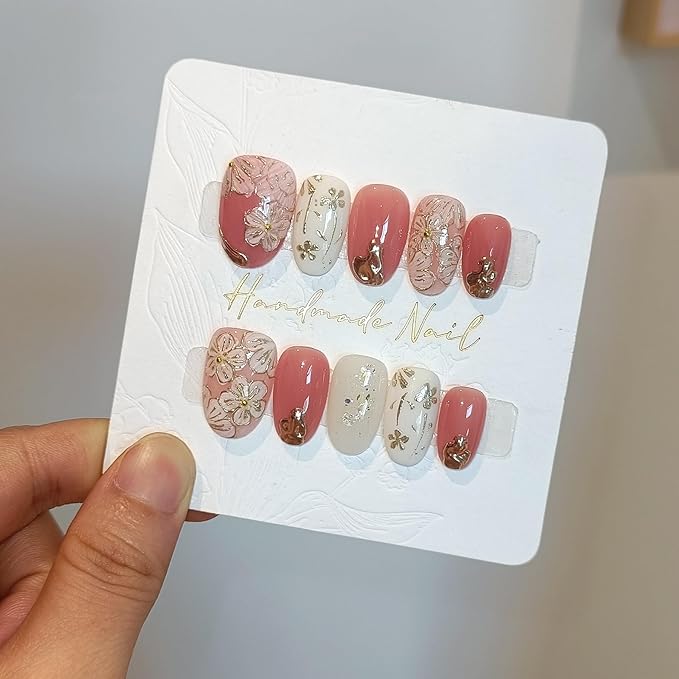 Short Oval Press on Nails,Peach Yogurt Base Glue on Nails,Hand-Painted Cloisonné Florals False Nails Press ons,Artisan Chinese Style Fake Nails Kit,Enamel Wire Inlay Nail Art Tools 10pcs(L)