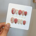 Short Oval Press on Nails,Peach Yogurt Base Glue on Nails,Hand-Painted Cloisonné Florals False Nails Press ons,Artisan Chinese Style Fake Nails Kit,Enamel Wire Inlay Nail Art Tools 10pcs(L)