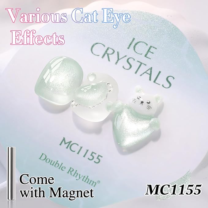 Double Rhythm 0.5 Oz Cat Eye Gel Polish with Magnet Same Color Same Bottle Holographic Glitter Shimmer Translucent Color Salon 15 ML Magnetic Nail Art (Light Green-MC1155)