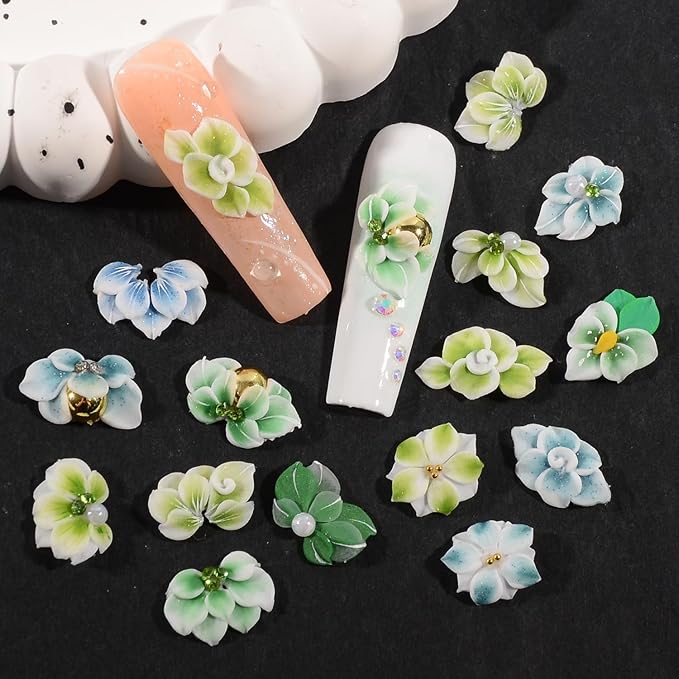 30PCS 3D Handmade Flower Nail Art Charms Advanced Handcrafted Cherry Blossom Flower Colorful Sculpted Floral Nails with Rhinestone Caviar Beads Design for Women Profession Nail Art Craft Jewelry