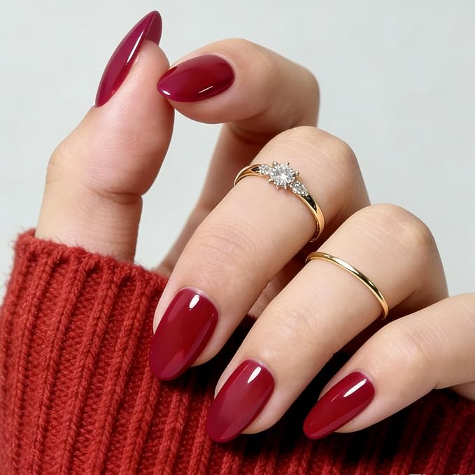 Cherry Red Press On Nails Medium Almond Handmade Soft Gel Fake Nails Burgundy, Deep Red Stick Glue on Nails Kit for Women, Reusable Acrylic False Nail Set