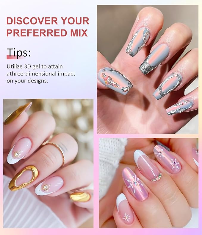 3D Nail Gel and Chrome Nail Powder Kit BISHENGYF: 15g No Wipe 3D Sculpting Gel Aurora Pink Blue Gold Chrome Nail Powder with Clear 3D Carving Nail Molding Glue Set for Nail Art Decoration