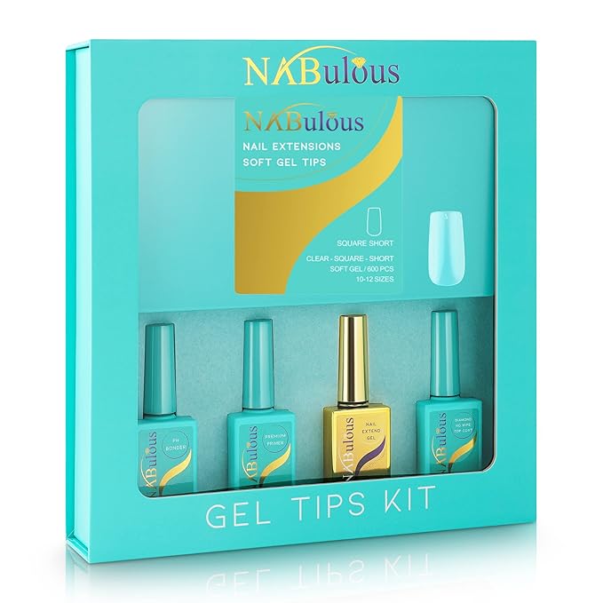 KIT Square Short | Perfect Soft Gel Intro Starter KIT NABulous | Professional Kit | Short Length | Salon Quality | Clear Full Cover Nail Tips (Square Short)