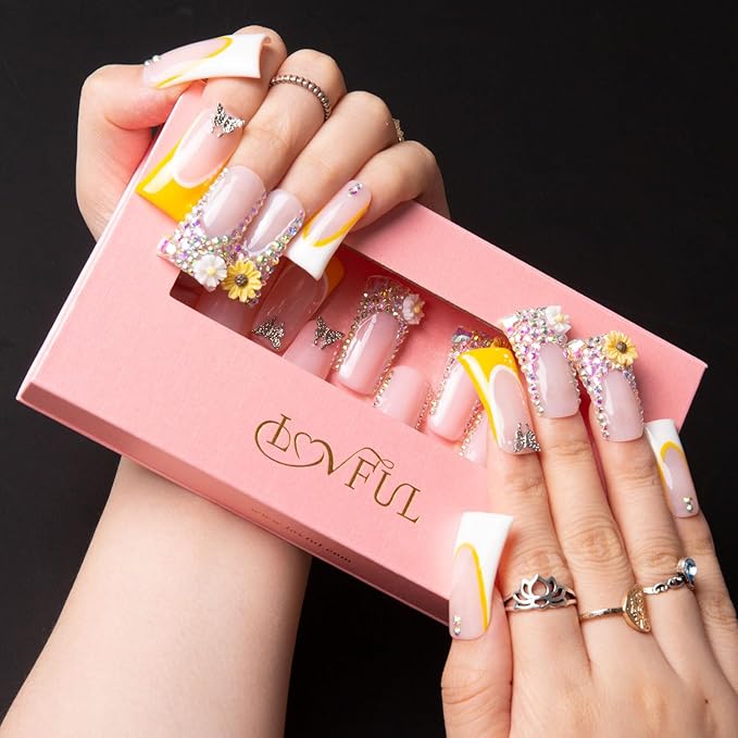 LOVFUL Press on Nails Sunflower | Handmade with Full Covered Crystals | Reusable Fake Nails | Duck Classic Regular 1.3 in | H143-S