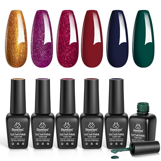 Beetles Gel Nail Polish, 6 Colors Burgundy Red Glitter Gold Green Gel Polish, Soak Off Uv Nail Lamp Cured Holiday Nail Gel DIY Home Manicure Kit Gifts for Women