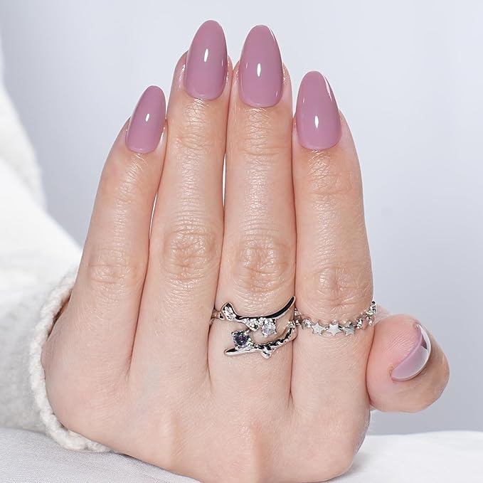 Mauve Press On Nails - Pink Milk Short Fake Nails, Almond Press On Nails Reusable Stick On Nails in 16 Sizes, 32pcs False Nail Kit for Women & Girls