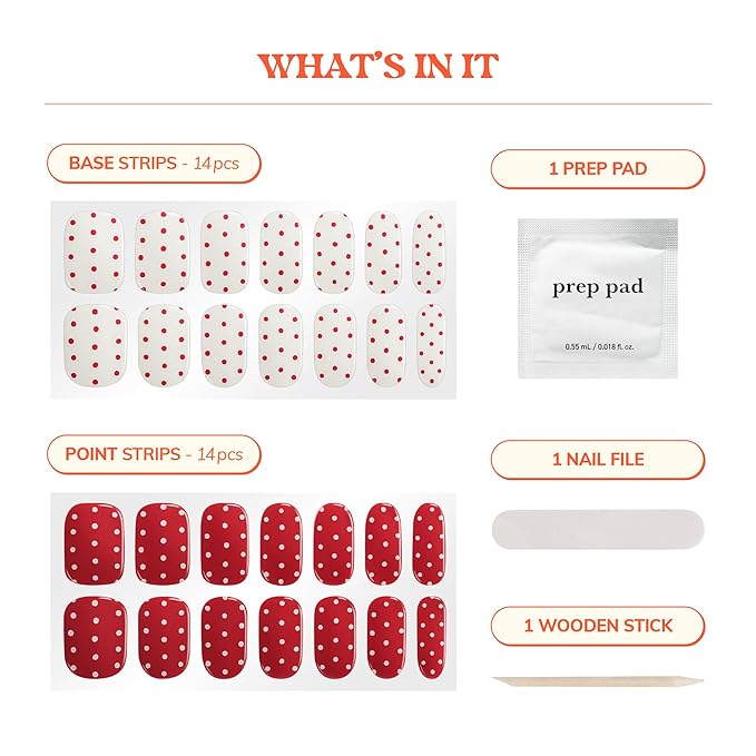Heyhae Semi Cured Gel Nail Strips | No LED Lamp Needed | Winter, Red, Polka Dots | Easy Apply & Remove, Salon Quality | Includes 28 Strips, 1 Prep Pads, Nail File & Wooden stick - Hey, My Wrap Star